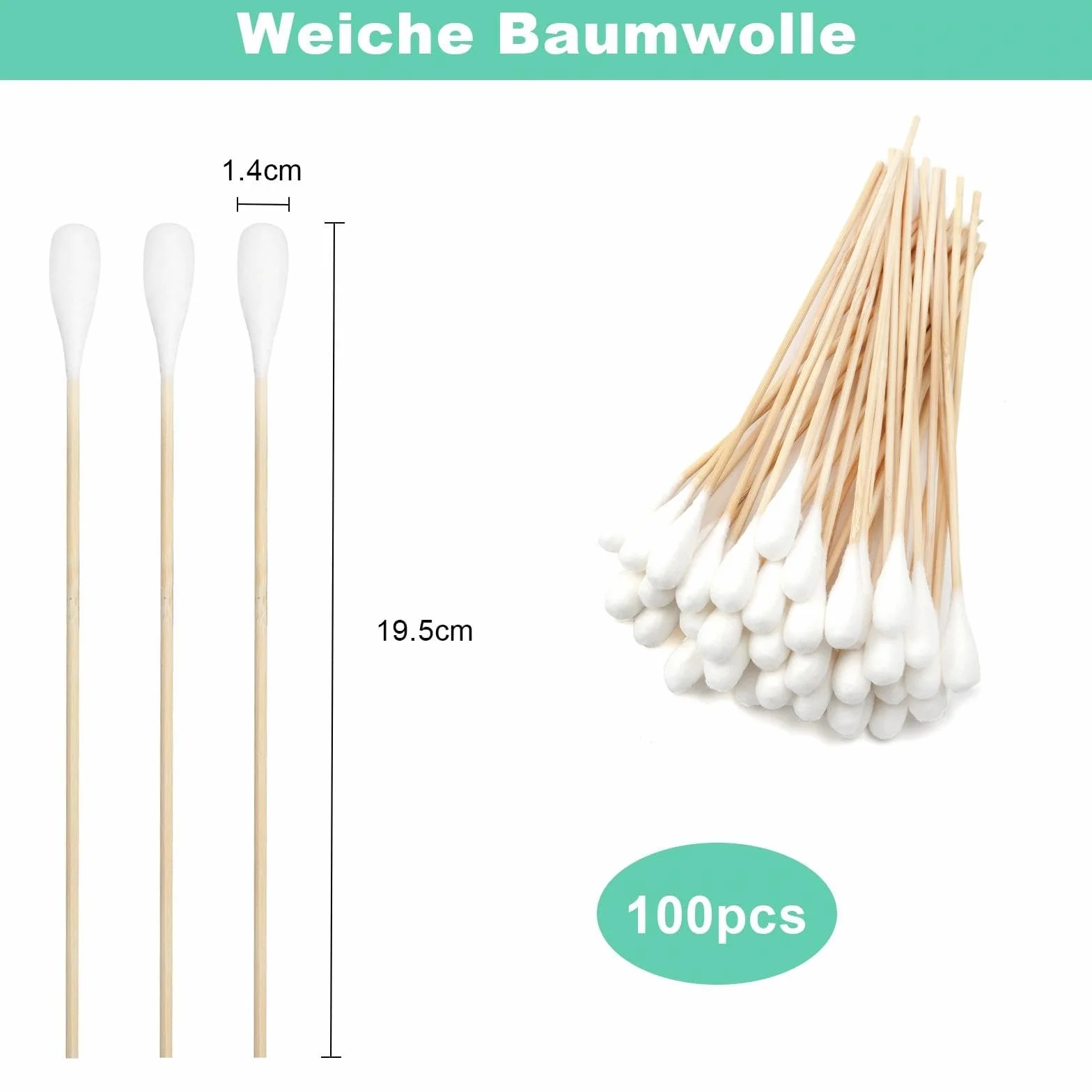100 Pezzi Tamponi di Cotone Lunghi,Tamponi in Cotone con Manici in Legno,Bastoncini con Cotone, con Grandi Palline di Cotone per Pulizia,Cosmetologia,Strumento Cosmetico, 20cm