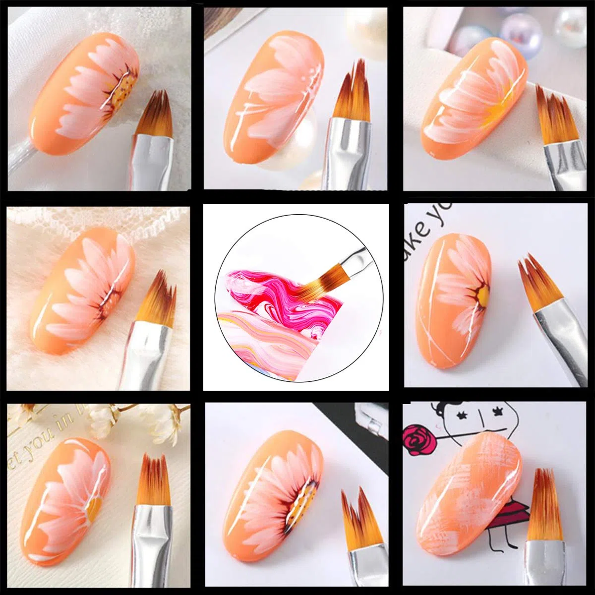 Mwoot Set di 8 pennelli per nail art con sfumatura sfumata, con penna UV per pittura a gel, manico multicolore per manicure, nail art
