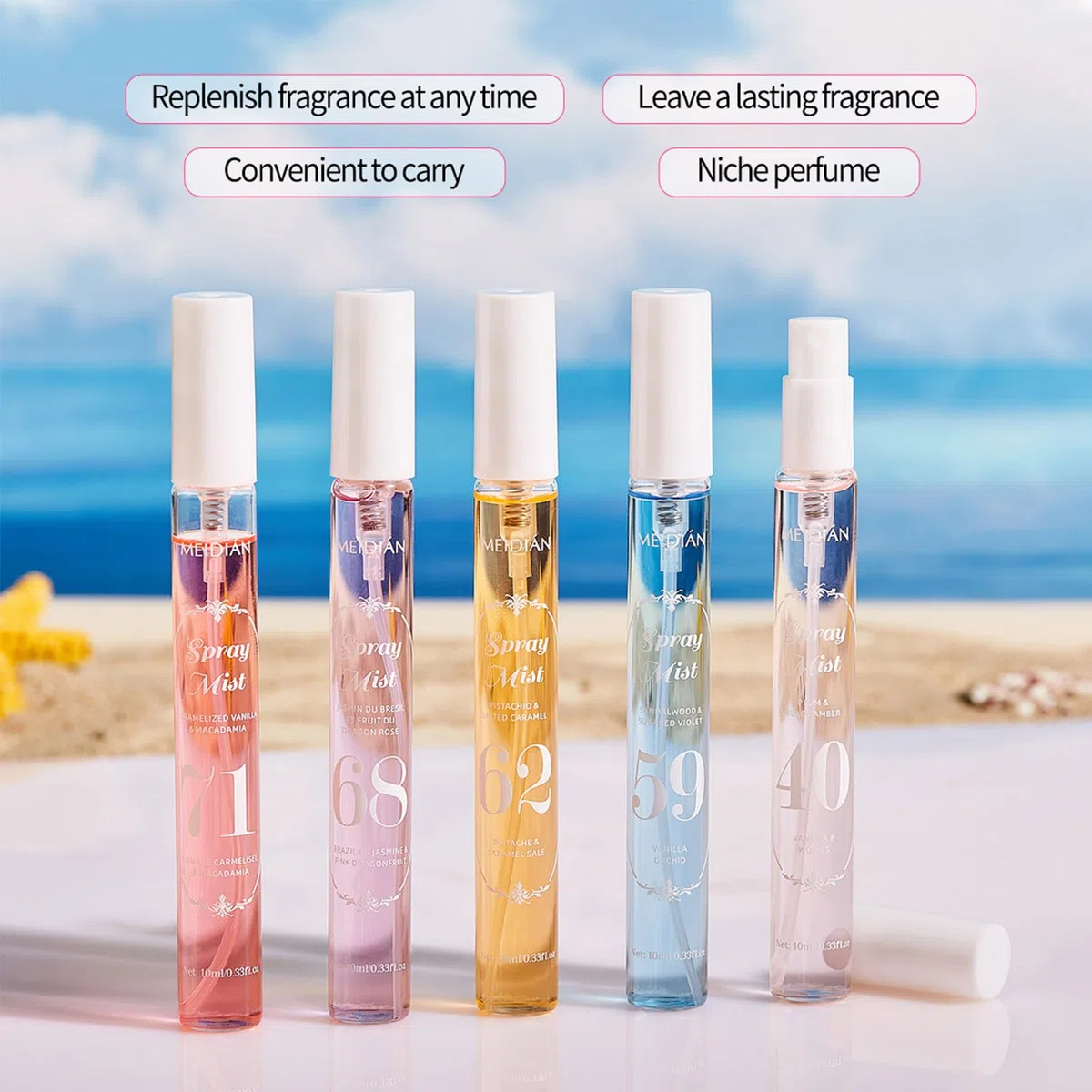 Nebbia di profumo per capelli e corpo, vaporizzatore fresco e fruttato durevole, per donna, mini formato viaggio, 5 profumi (40.59.62.68.71)