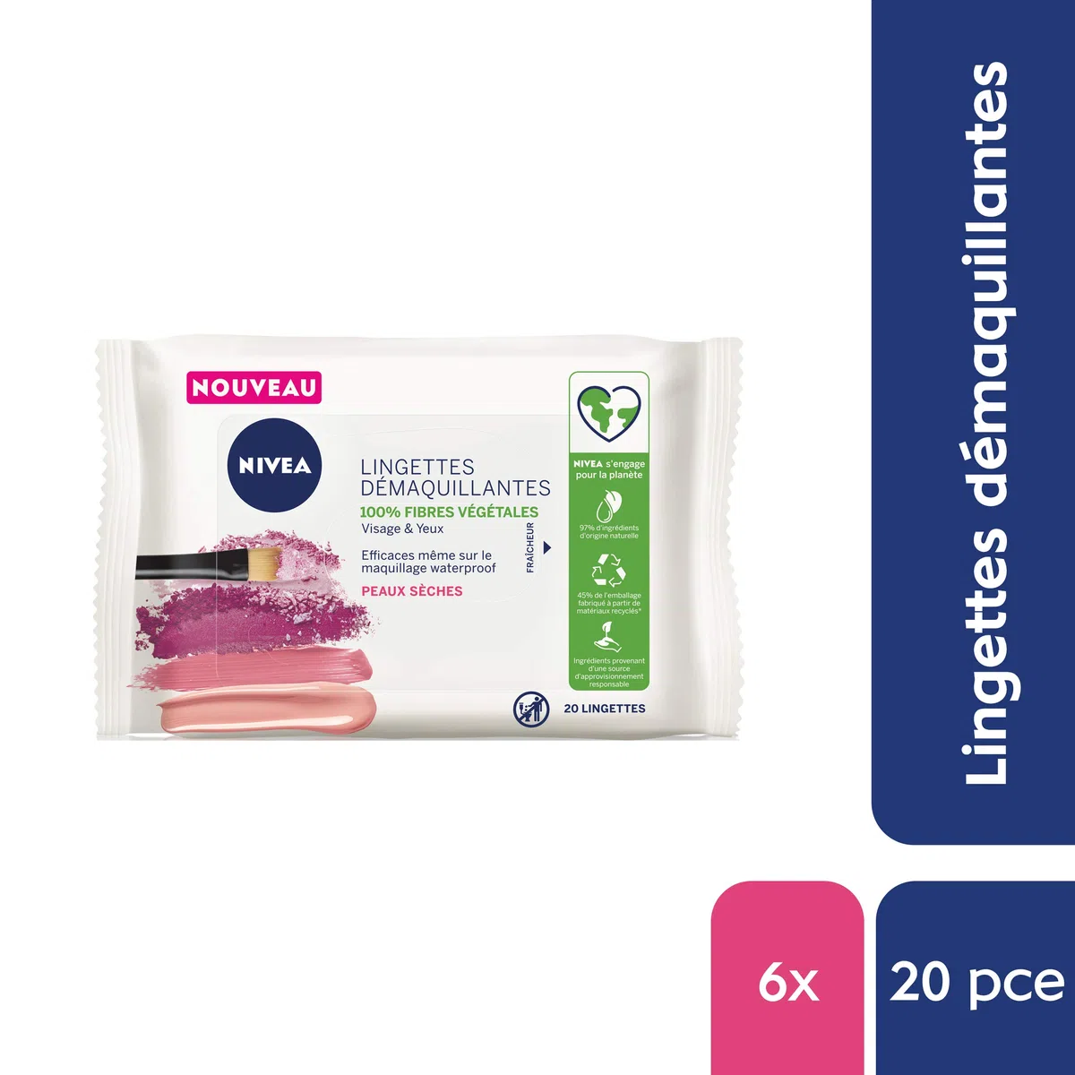 NIVEA - Salviette struccanti 3 in 1 - Efficacia impermeabile - Viso, Occhi, Labbra - Morbidezza & Idratazione - Pro-Vitamina B5 & Idrramina - Fibre Di Origine Vegetale - Pelle Secca - x 20